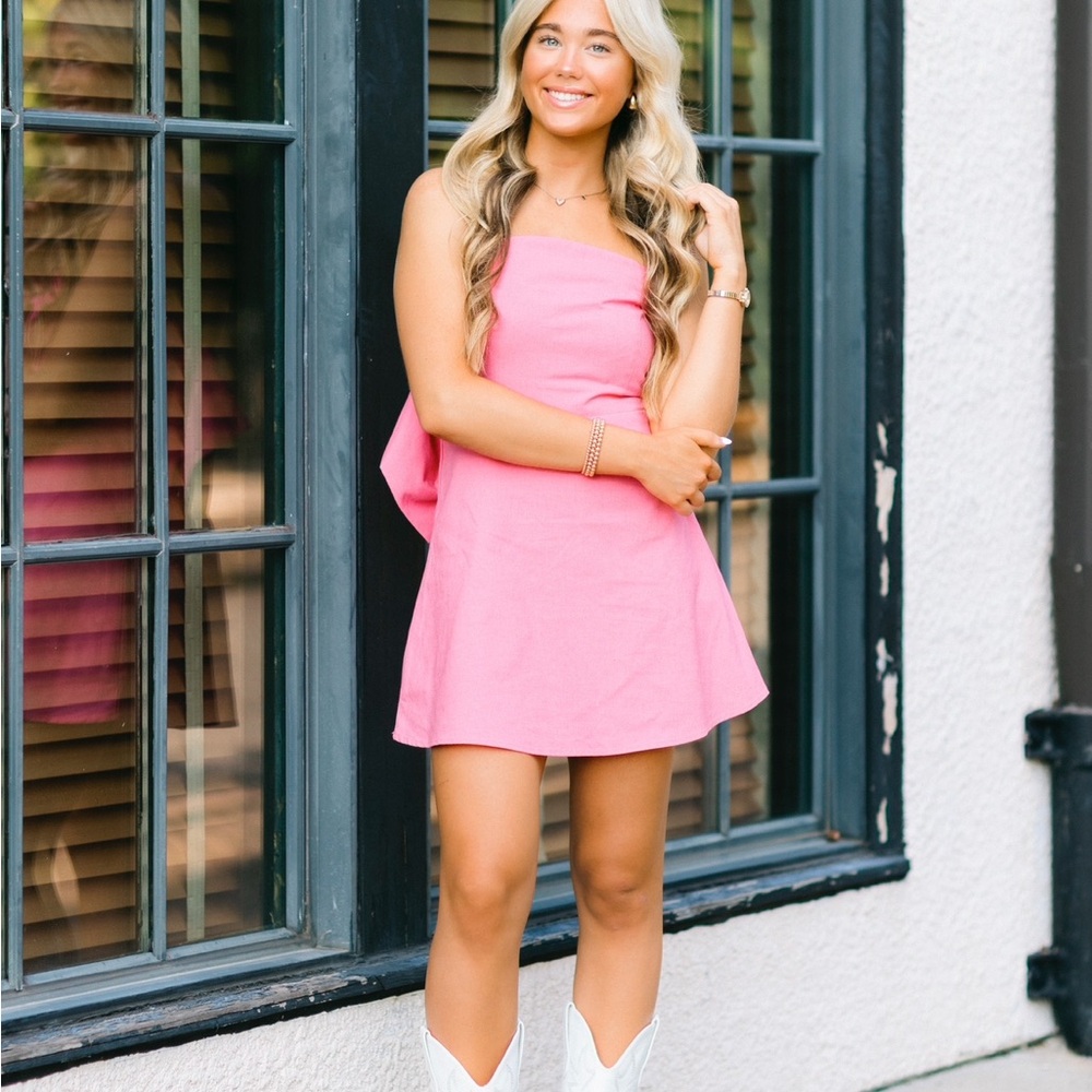 Pink Strapless Dress with Bow - Picture 3 of 6